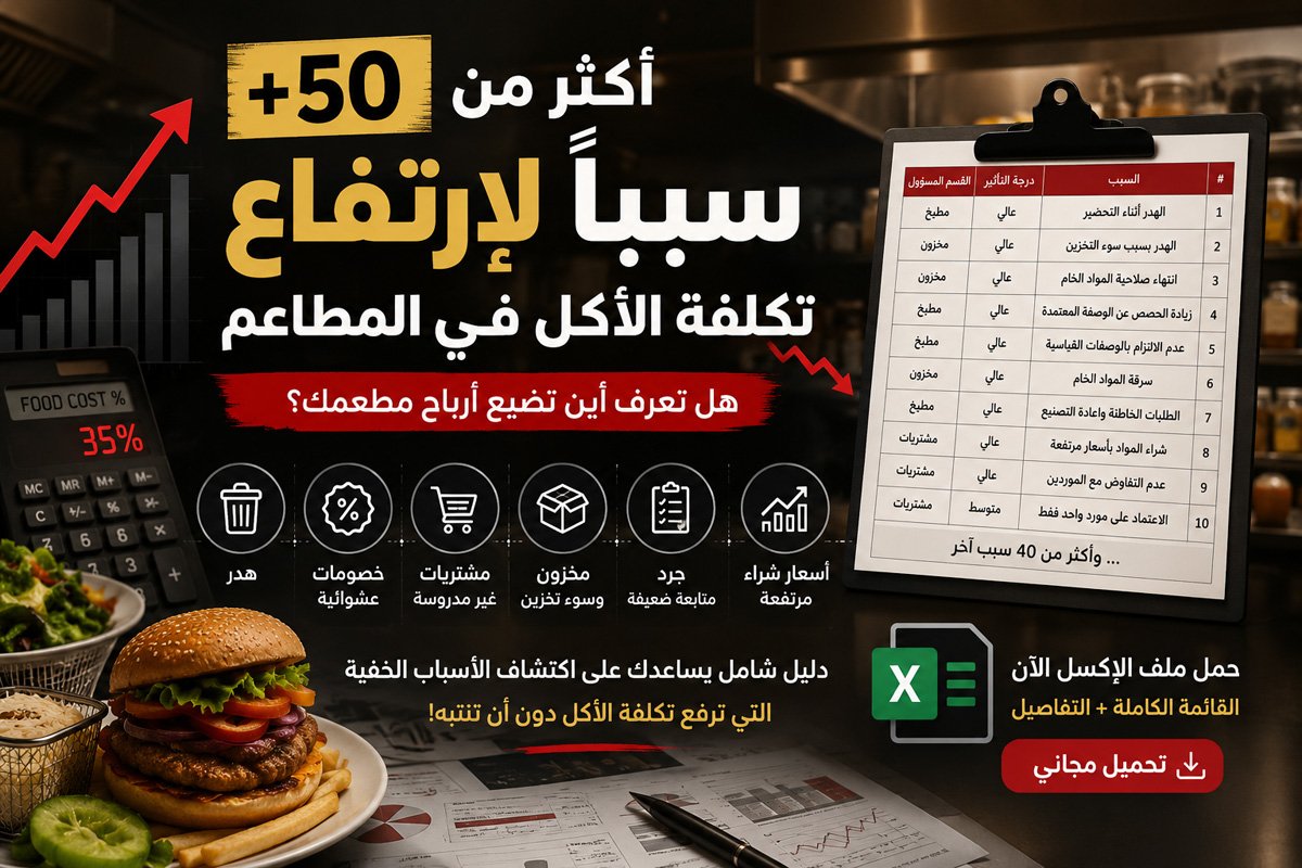 ملف Excel مجاني يحتوي على أكثر من 50 سببًا لارتفاع تكلفة الأكل في المطاعم مع تصنيف الأسباب حسب درجة التأثير والقسم المسؤول