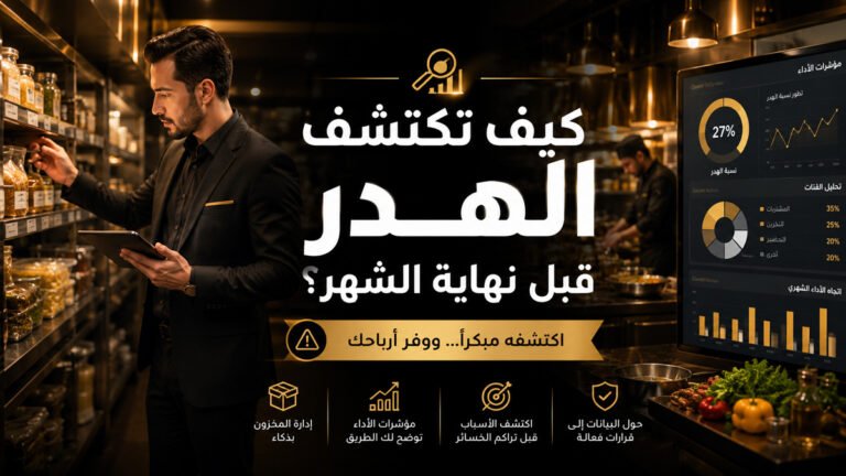 مدير مطعم يفحص المواد الخام وتقارير التشغيل داخل مطبخ احترافي لاكتشاف الهدر قبل أن يؤثر على أرباح المطعم.