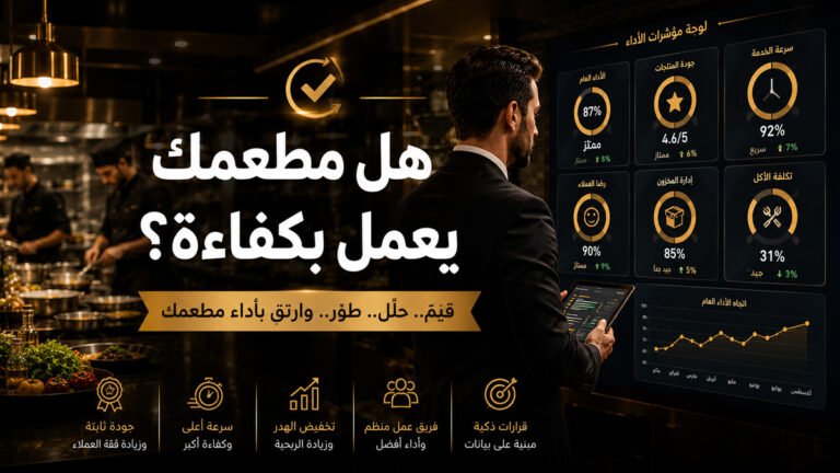 مدير مطعم يقيم الأداء التشغيلي باستخدام لوحة مؤشرات داخل مطبخ احترافي حديث.